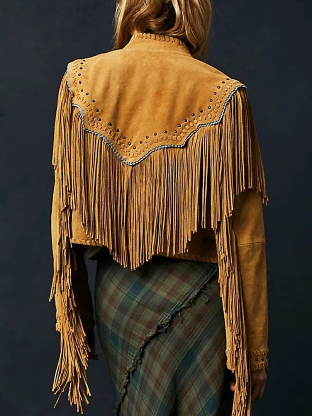 Free People Wild Skies Fringe Suede Leather Jacket Tan Western Studded Size M
